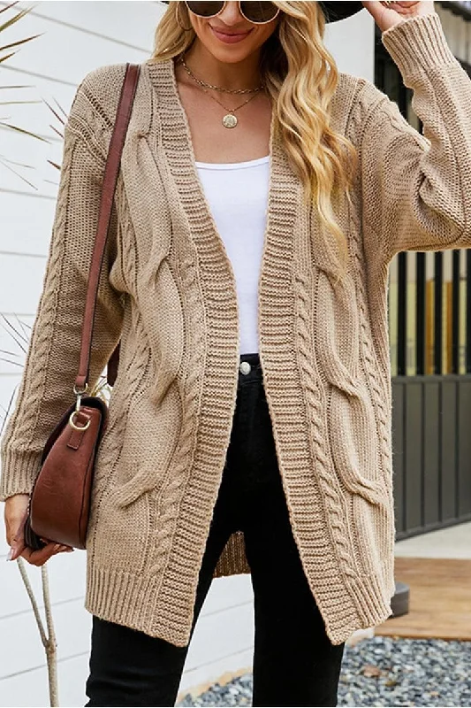 OPEN FRONT CABLE KNITTED CASUAL CARDIGAN Thin Thick Dense