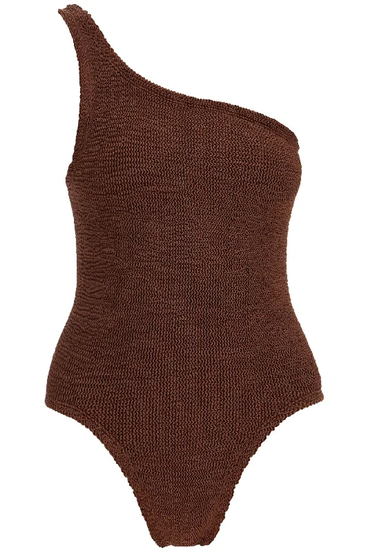 Nancy One-shoulder Swimsuit  - Brown Mesh Panel Swimwear