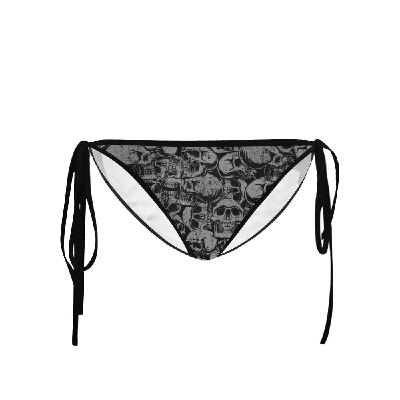 Black Skulls Tie Bikini Swimsuit Bottom Minimalist One-Piece