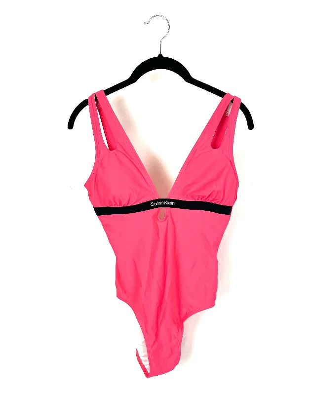 Pink and Black One Piece Swimsuit - Small Floral Print Swimsuit