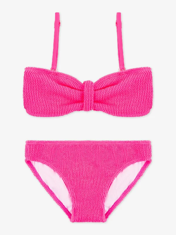 Crinkle Two Piece Bandeau Bikini Swimsuit - Fuchsia Casual Swim Dress
