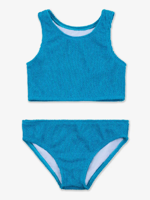 Crinkle Two Piece Tankini Swimsuit - Blue Classic Sporty Swimsuit