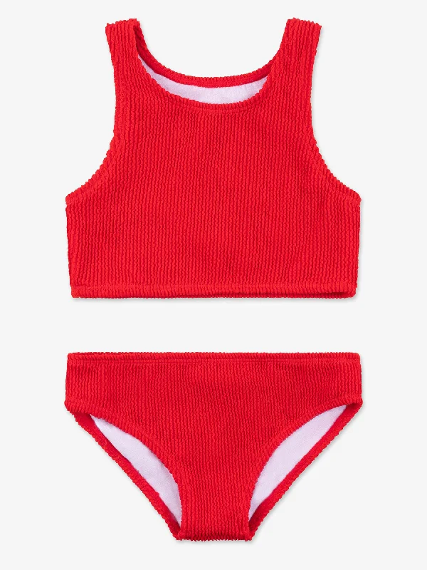 Crinkle Two Piece Tankini Swimsuit - Red Bold Color Swimsuit