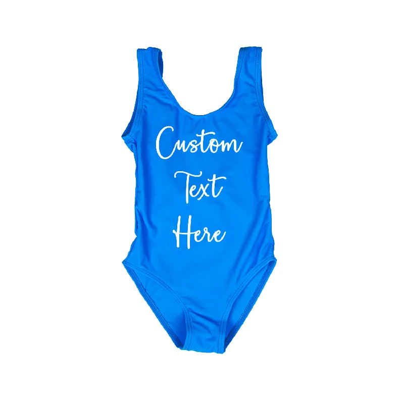 Custom Text Bright Blue Kids/ Youth One Piece Swimsuit Modern High-Waisted Swimsuit