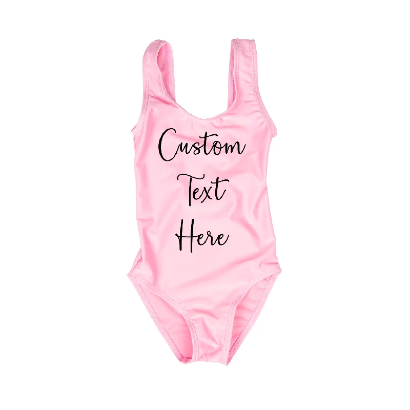 Custom Text Light Pink Kids/ Youth One Piece Swimsuit Beachy Ruffle Bikini