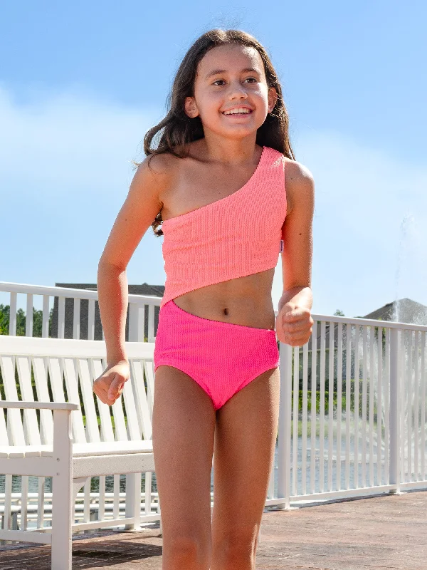 Cutout Crinkle One Piece Swimsuit - Coral Fuchsia Casual Swim Dress