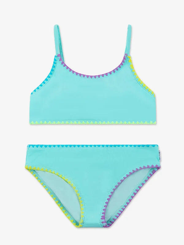 Embroidered Trim Two Piece Swimsuit - Aqua Full Coverage Swimsuit