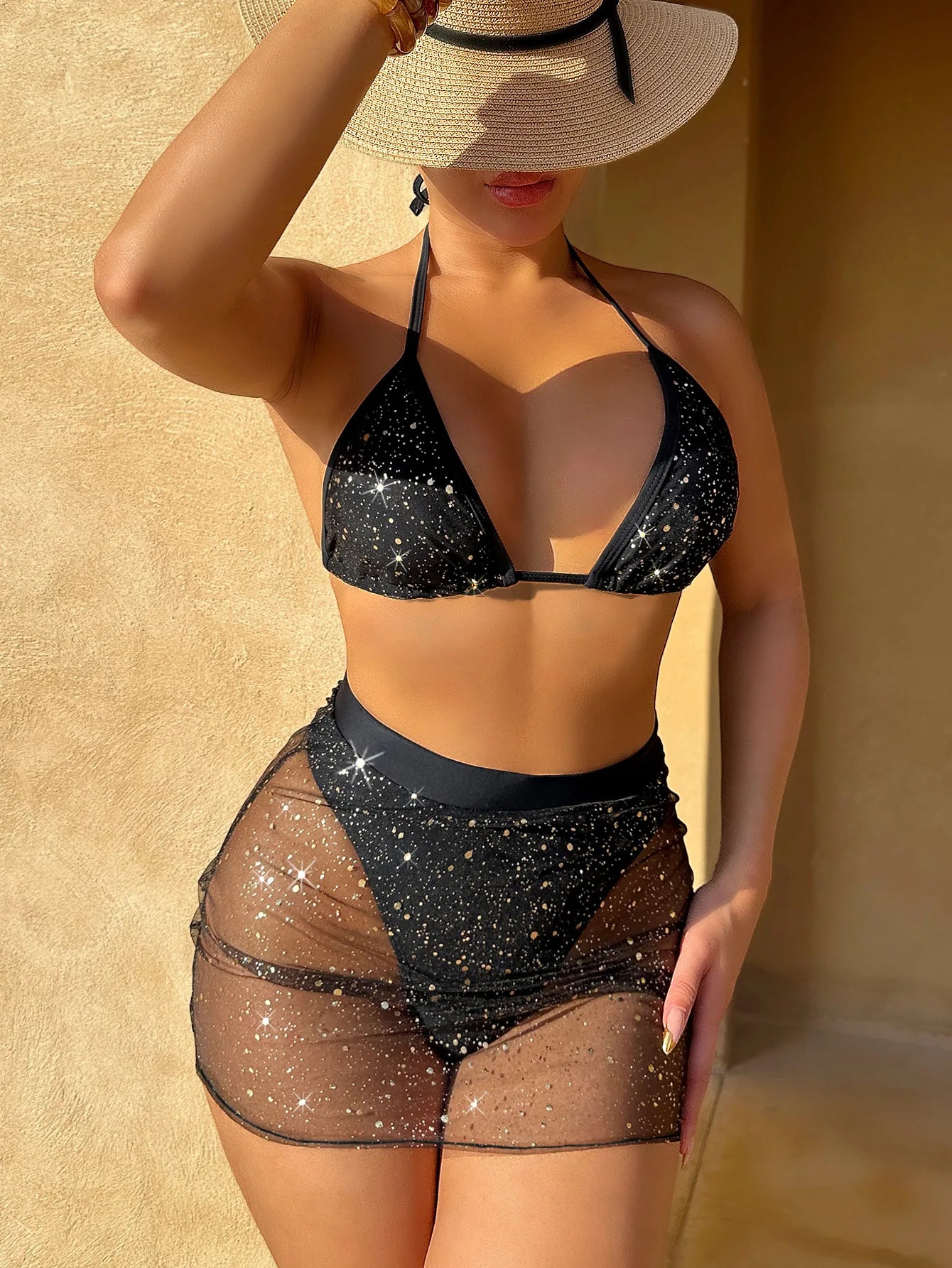 High Waist Mesh Skirt 2 Piece Swimsuit, Timeless Black Bikini