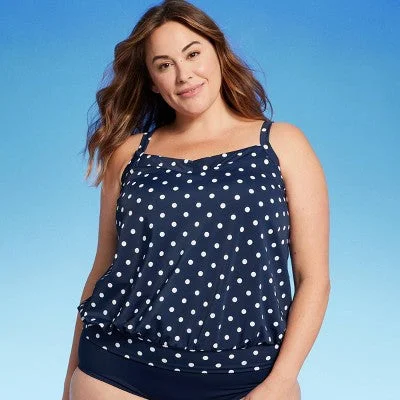 Lands' End Women's Polka Dot Blouson Tankini Tank Top Swimsuit Two-Piece Beachwear