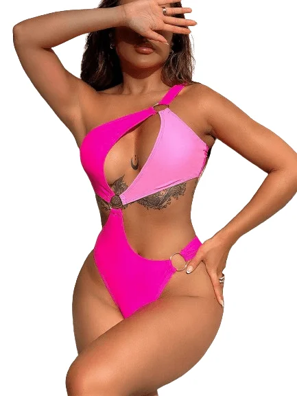 Pink One-Shoulder Ring Detail Swimsuit Floral Print Swimsuit