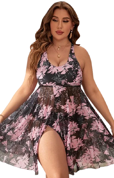 Plus Floral Print Round Neck Split Hem Swim Dress Pink Classic Sporty Swimsuit