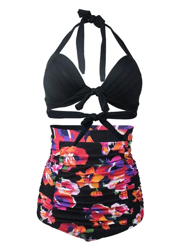 Plus Size Black Floral Print Halter Backless Retro Style Bikinis Swimwear Tropical Print Bikini Plus Size Black Floral Print Halter Backless Retro Style Bikinis Swimwear Tropical Print Bikini