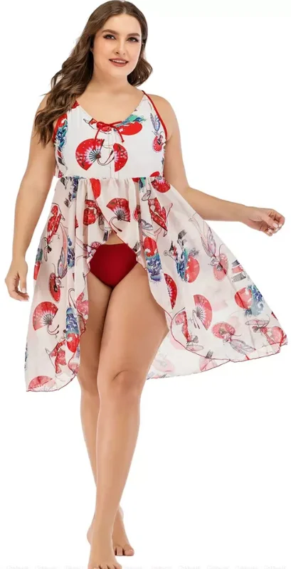 Plus Size Conservative Split Tankini Swimsuit Multicolor Cross-Back Bikini
