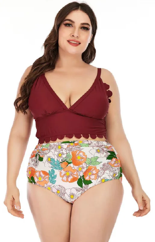 Plus Size High Waist Swimsuit Floral Print Maroon Trendy Swimsuit Bottoms