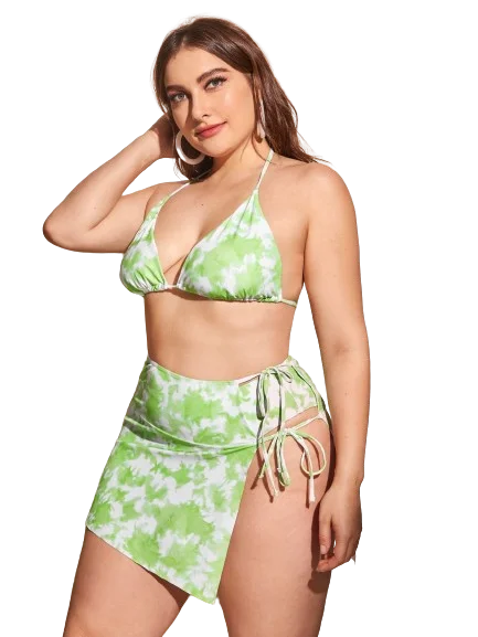 Plus Size Marble Print Bikini Swimsuit Green Strapless Swimsuit Top