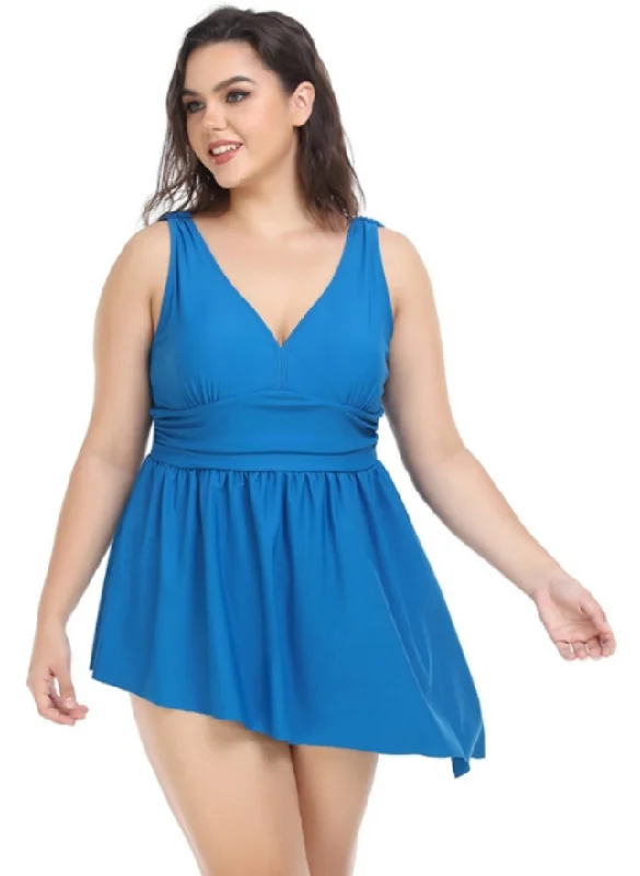 Plus Size Plunge Sleeveless Two-Piece Tankini Swim Dress Sky Blue Ruched Swimwear Set Plus Size Plunge Sleeveless Two-Piece Tankini Swim Dress Sky Blue Ruched Swimwear Set