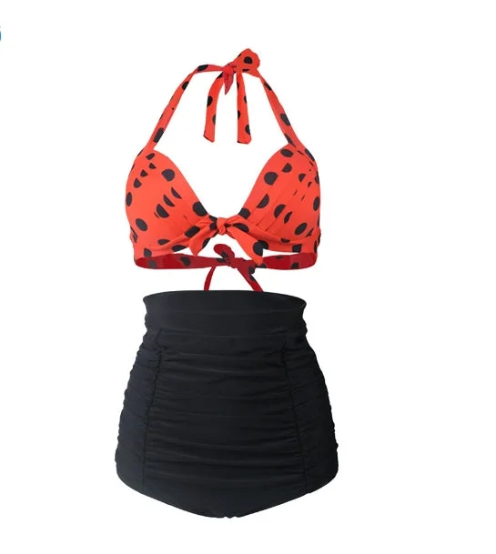 Plus Size Vintage Retro High Waist Halter Bikinis Swimsuit Dark Orange Elegant Ruffled Bikini