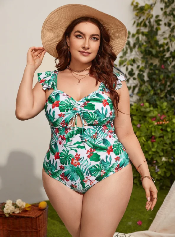 Plus Tropical Print Drawstring Cut Out Ruffle Trim One Piece Swimsuit Green High-Waisted Swimwear Plus Tropical Print Drawstring Cut Out Ruffle Trim One Piece Swimsuit Green High-Waisted Swimwear