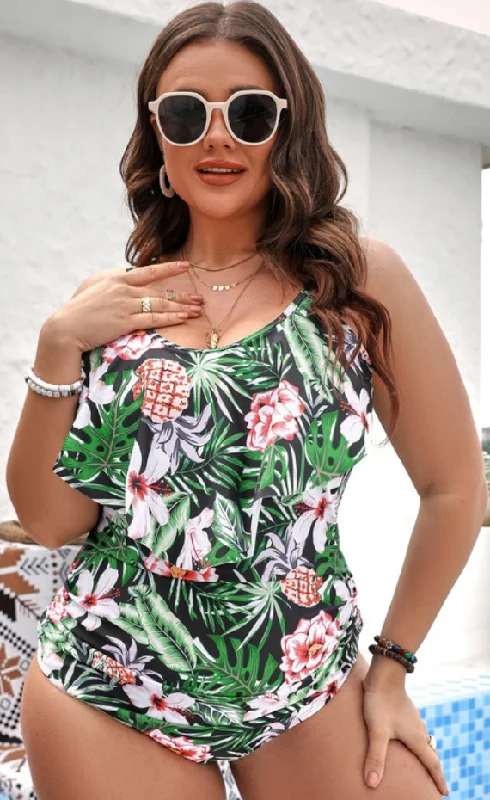Plus Tropical Print Ruffle Hem One Piece Swimsuit Black Elegant Ruffle Swimsuit
