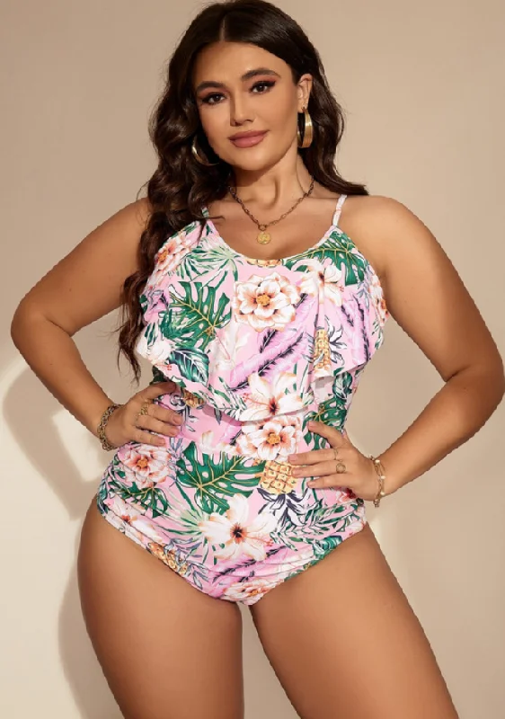 Plus Tropical Print Ruffle Hem One Piece Swimsuit Pink Sexy Swimwear Set