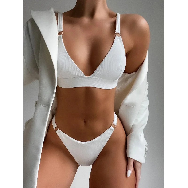 Rib Ring Linked High Cut Bikini Swimsuit Swim Skirt Set