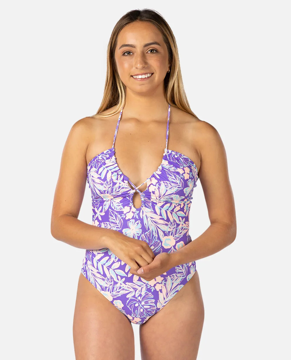 Rip Curl Palm Party Good Coverage One-Piece Swimsuit- Purple Bold High-Cut Bikini