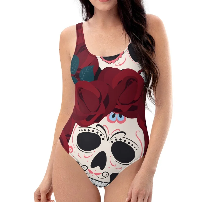 Sugar Skull Red Roses One-Piece Swimsuit Trendy Swimwear Set