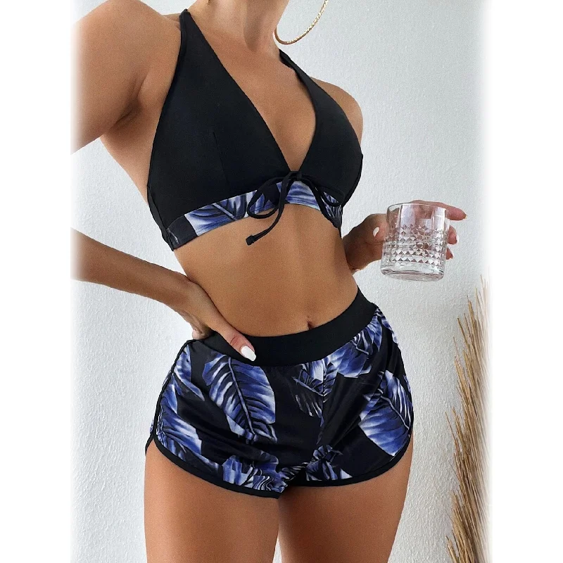 Tropical Print Halter Bikini Swimsuit with Swim Short Timeless Black Bikini