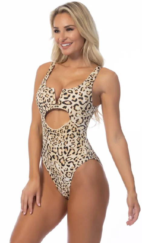 V Cut Leopard Ribbed One Piece Swimsuit Sexy Two-Piece Set