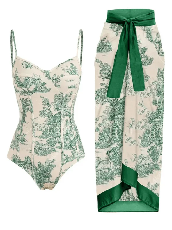 Vintage Retro Boho Printed Swimsuit And Wrap Sarong Green Vintage Swimwear Look