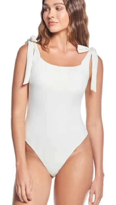 White Bow Tied Straps One Piece Swimsuit Tie-Back Swimwear