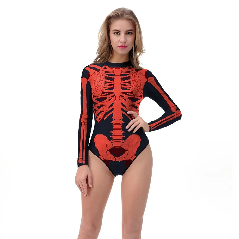 Women's Loog Sleeve Swimsuit on Zippered / Surfing Bathing Suit with Skeleton Printed Swim Skirt Set Women's Loog Sleeve Swimsuit on Zippered / Surfing Bathing Suit with Skeleton Printed Swim Skirt Set