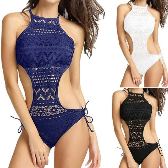 Women's One-Piece Bikini Solid Crochet Swimsuit Reversible Bikini Set