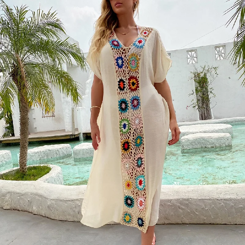 Women's Summer Beige Cotton Floral Printed Cover Ups Swimsuit Beach Ready Swimsuit