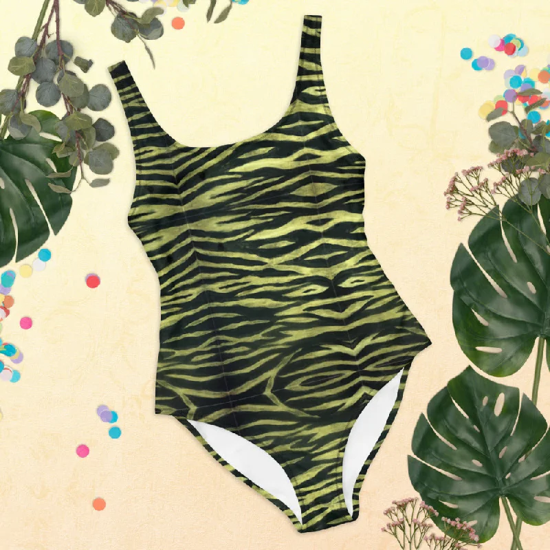 Yellow Tiger One-Piece Swimsuit, Tiger Stripes Animal Print Women's Swimwear-Made in USA/EU Minimalist One-Piece Yellow Tiger One-Piece Swimsuit, Tiger Stripes Animal Print Women's Swimwear-Made in USA/EU Minimalist One-Piece