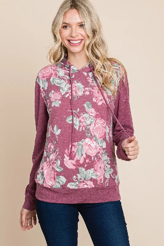 Floral Printed Contrast Hoodie With Relaxed Fit And Cuff Detail in Burgundy Hoodie Sweatshirt Pullover Floral Printed Contrast Hoodie With Relaxed Fit And Cuff Detail in Burgundy Hoodie Sweatshirt Pullover