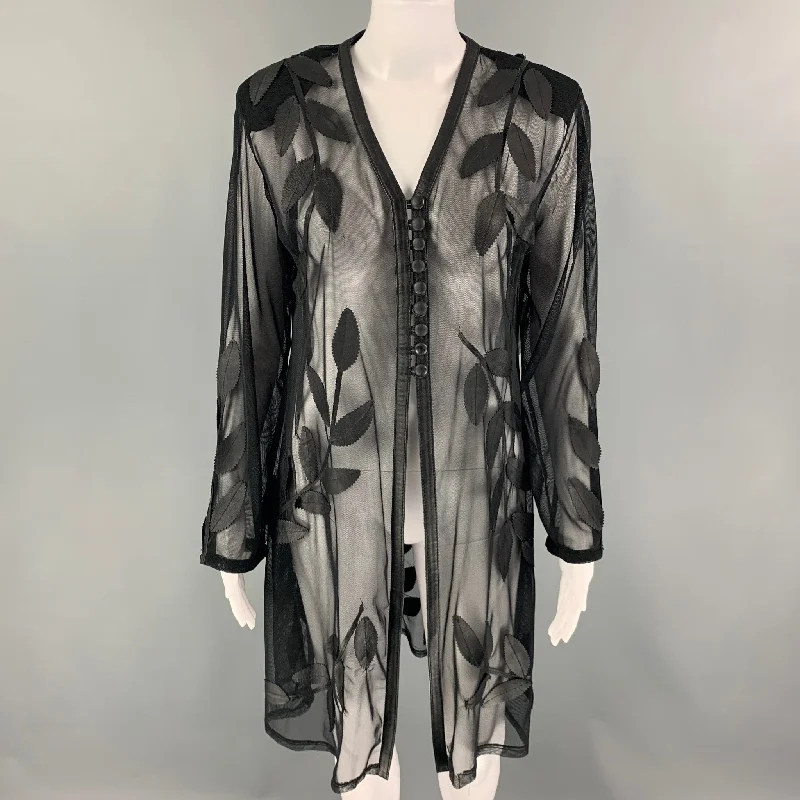 VINTAGE Size S Black Mesh See Through Leather Cardigan Spandex Rayon Corduroy