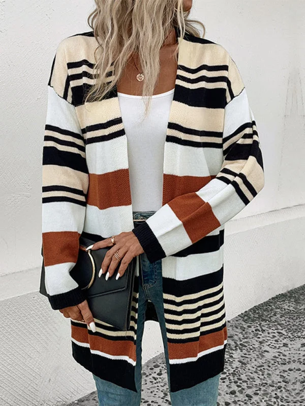 New color block long sweater cardigan Thin Thick Dense