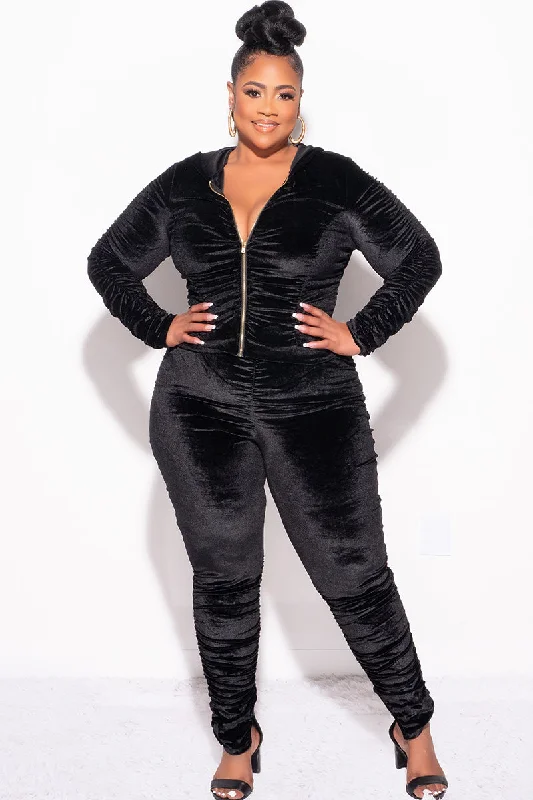 Final Sale Plus Size 2pc Ruched Hooded Zip-Up Top and Pants Set in Black Velvet Formal Wide-Leg Pants Final Sale Plus Size 2pc Ruched Hooded Zip-Up Top and Pants Set in Black Velvet Formal Wide-Leg Pants