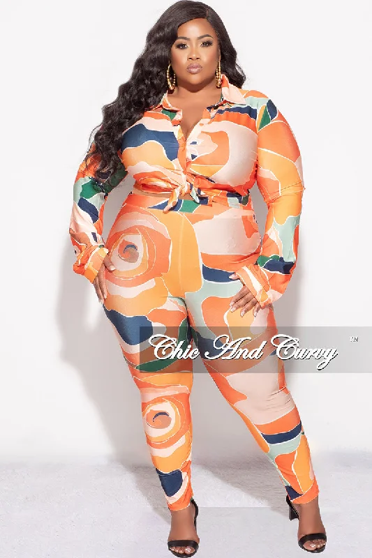 Final Sale Plus Size 2pc Button Up Collar Top and Pants Set in Orange Multi Color Design Print Classic Bootcut Trousers Final Sale Plus Size 2pc Button Up Collar Top and Pants Set in Orange Multi Color Design Print Classic Bootcut Trousers