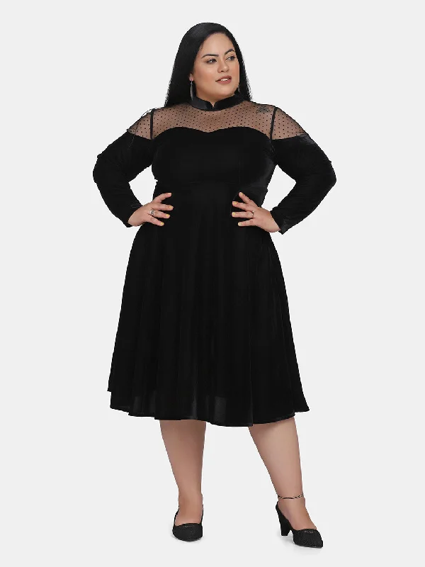 Illusion Neck Velvet Party Dress for Women- Black Tunics Versatile stylish