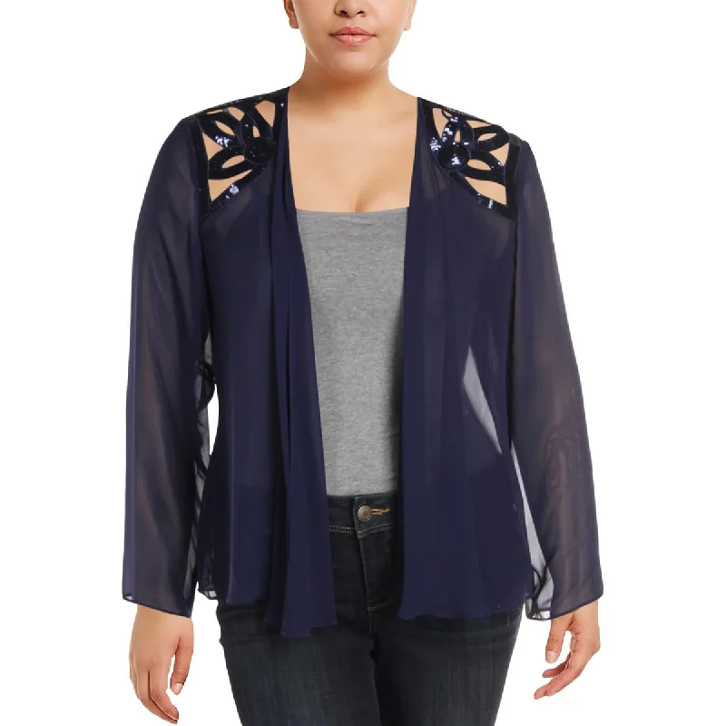 SLNY Womens Chiffon Embellished Cardigan Top Cable Knit Ribbed Knit Lace Knit