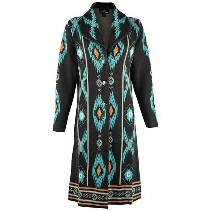 Time of the West Women's Aztec Collared Duster Cardigan Glossy Satin Silk