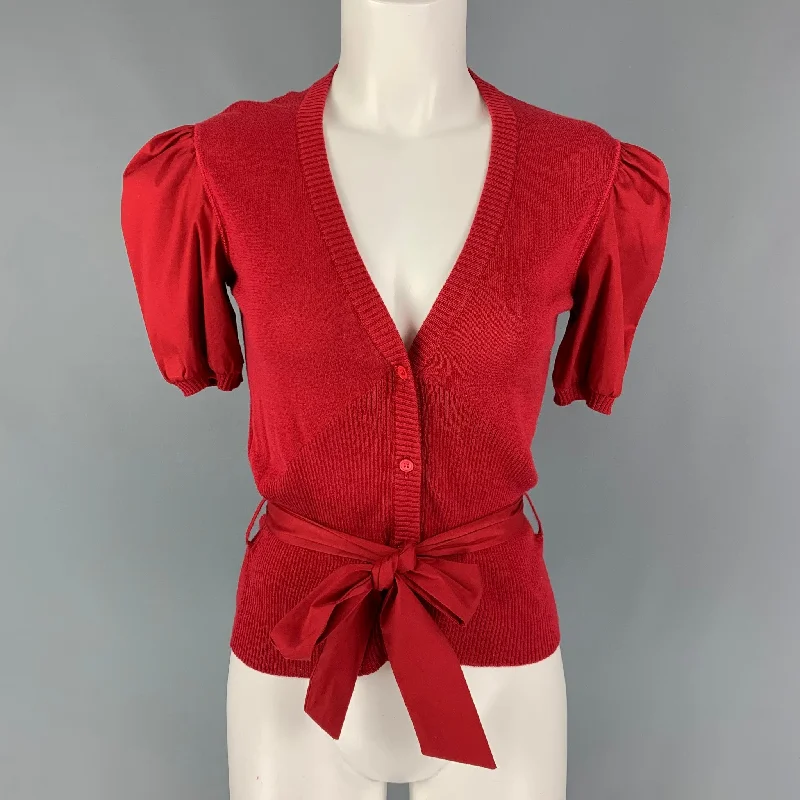 MIU MIU Size 4 Red Cotton Belted Short Sleeve Cardigan Satin Blend Silk Blend Wool Blend