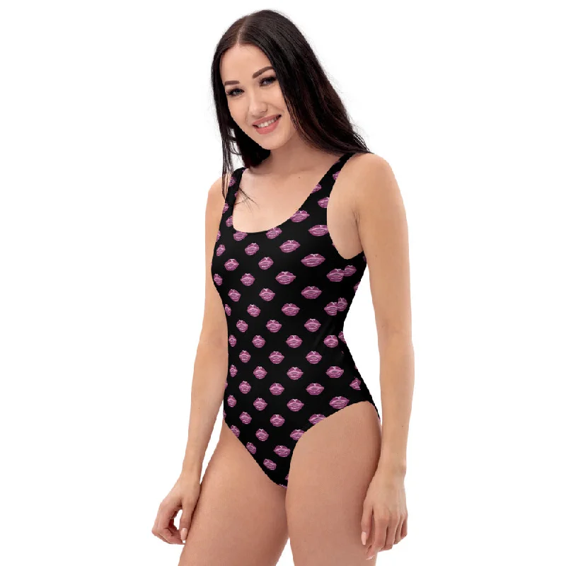 Pink Lips One-Piece Swimsuit, Black Sexy Lips Valentine's Day Women's Swimwear-Made in USA/EU Sleek Full Coverage